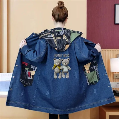 2025 Spring Autumn Denim Jacket Women Hooded Windbreaker Cartoon Printed Coat Long Outerwear Female Oversize 5XL Loose Overcoat