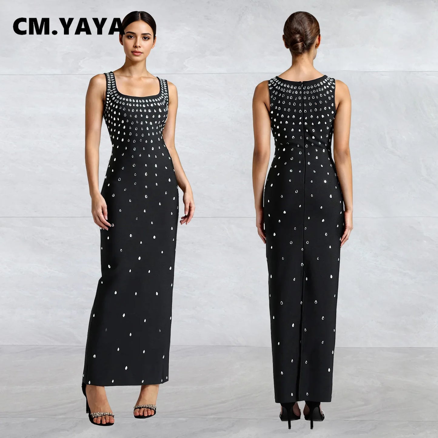 CM.YAYA Diamonds Hot Rhinestones Square Collar Women Sleeveless Bodycon Long Dress Birthday Party Evening Prom Maxi Dresses