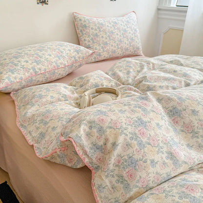 Skin-Friendly Double-Layer Yarn Bedding Set New Country Floral Soft Comforter Sets 100% Cotton Fitted Sheet Kit with Quilt Cover
