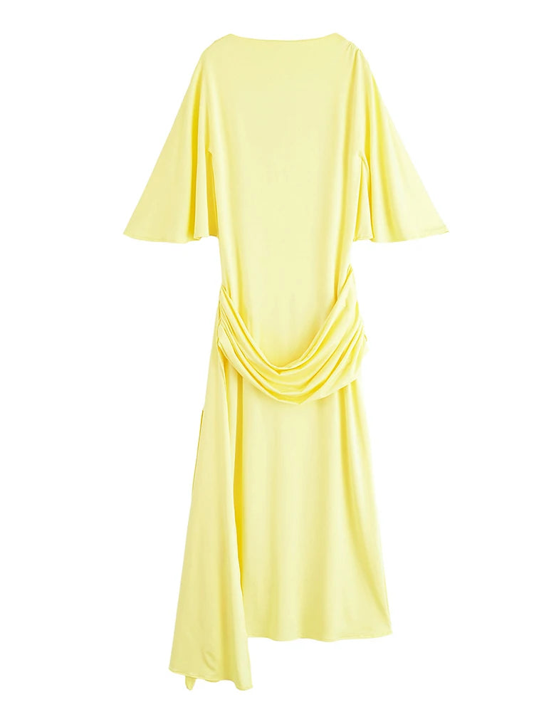 Sexy Backless Party Long Dress Women O-neck Slim Pleated Ribbon Women's Dresses 2026 Spring Summer Lady Yellow Evening Gown