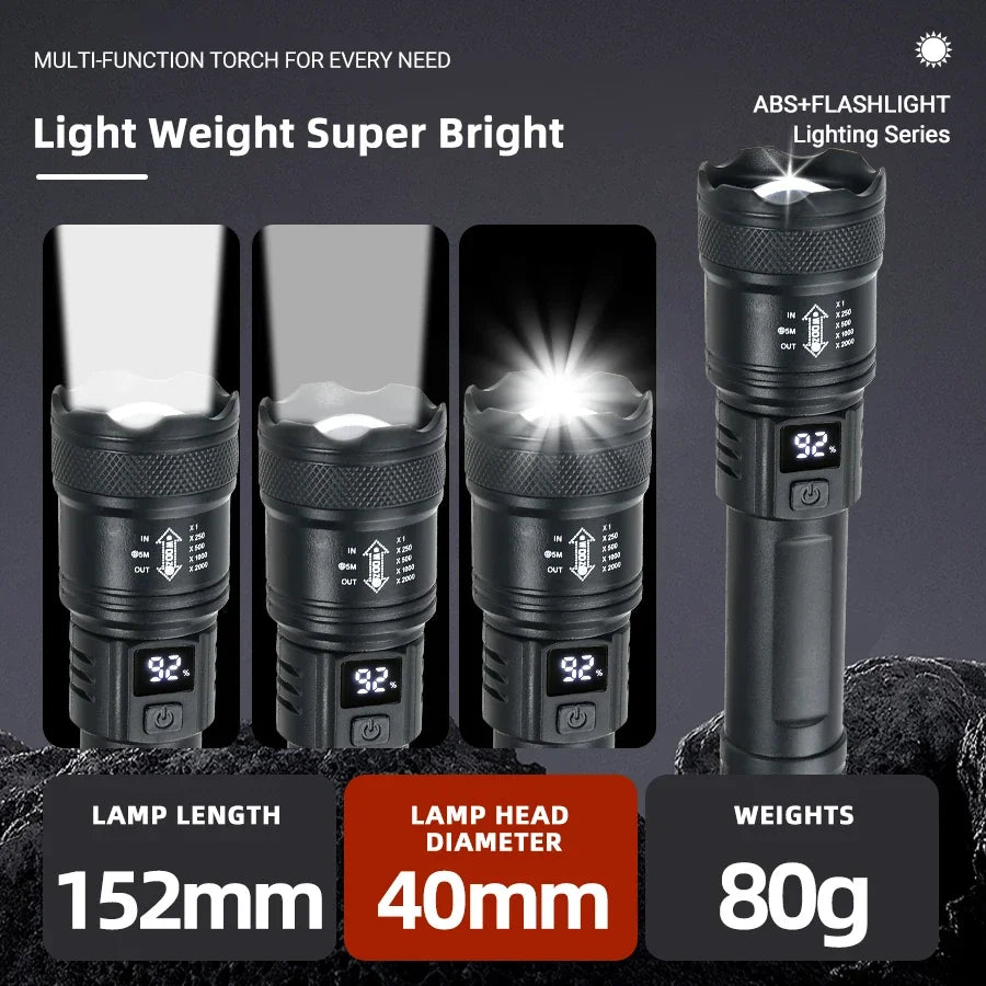 Hochleistungs-LED-Taschenlampe (2000 lm) mit Display, USB-Ladefunktion, ideal für Camping, Angeln und Notfälle.