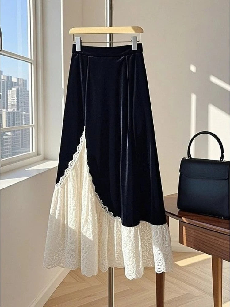 Vintage Long Pleated Skirts Y2k Spring French Elegant Slim Fit A-line Umbrella Design Skirt Faldas Mujer Korean Fashion Clothing