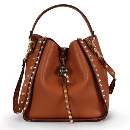 Hot Sale Women's Bucket Bag High Quality Genuine Leather Handbags Ladies Fashion Rivet Shoulder Bag Female Casual Tote 2026