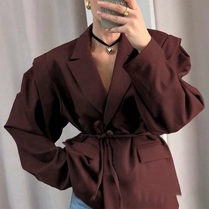 Temperament Commuter Women's Suit Coat 2025 Spring Autumn New Casual Solid Color Fashion Waist Strap Shoulder Cushion Suit Coat