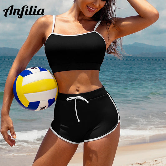 Anfilia Women Sporty Casual Crop Bikini Set Two Piece Set Color Block Swimsuit Bathing Suit
