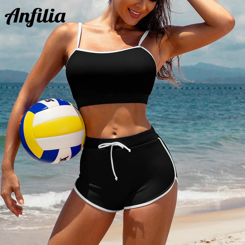 Anfilia Women Sporty Casual Crop Bikini Set Two Piece Set Color Block Swimsuit Bathing Suit