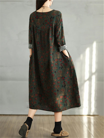 Cotton Vintage Print Floral Dresses 2025 Women Spring Autumn Casual Loose Long Sleeve Dress Femme Robe Vestidos Elegant Clothing
