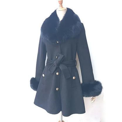 2023 Winter Real Fox Fur Coat Women Wool Jacket With Natural Fox Fur Collar Slim Female Woolen Cashmere Outwear