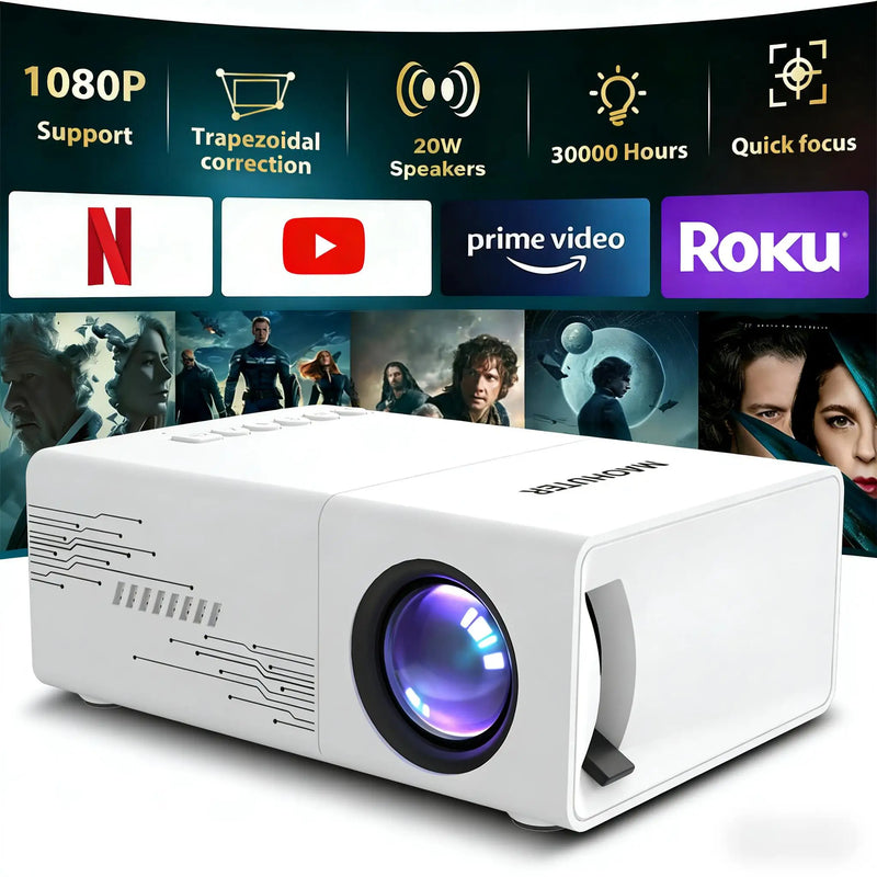 Mini Projector Supports 1080p, USB Power Supply, Outdoor Movies, High Contrast, 30-100 Inch Display, and Supports HDMI Input