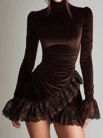 Turtleneck Patchwork Sexy Fashion Mini Dress, Women Autumn Winter Long Sleeve Chic Party Dress, Solid Slim Elegant Ladies Dress