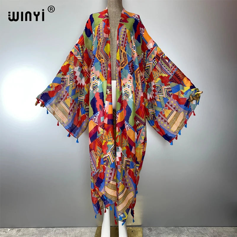 WINYI bohemian kimono print Women coat Loose tassels Long Dress beach Holiday Swimming Cover Up party dresses luxury dubai abaya