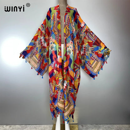 WINYI bohemian kimono print Women coat Loose tassels Long Dress beach Holiday Swimming Cover Up party dresses luxury dubai abaya
