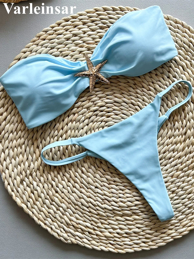 New Metal Star Bandeau High Cut Thong Bikini Women Swimwear Female Swimsuit Two-pieces Bikini set Bather Bathing Suit Swim V6422