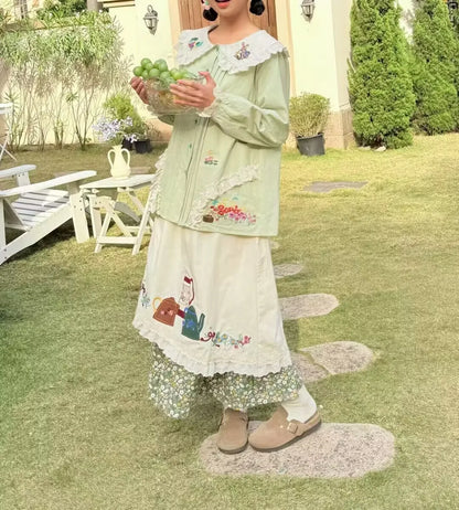 Japanese Mori Girl Spring Sweet Patchwork Lace Elastic Waist A- Line Skirt Vintage Embroidery Cotton Skirt Jupe Femme Faldas