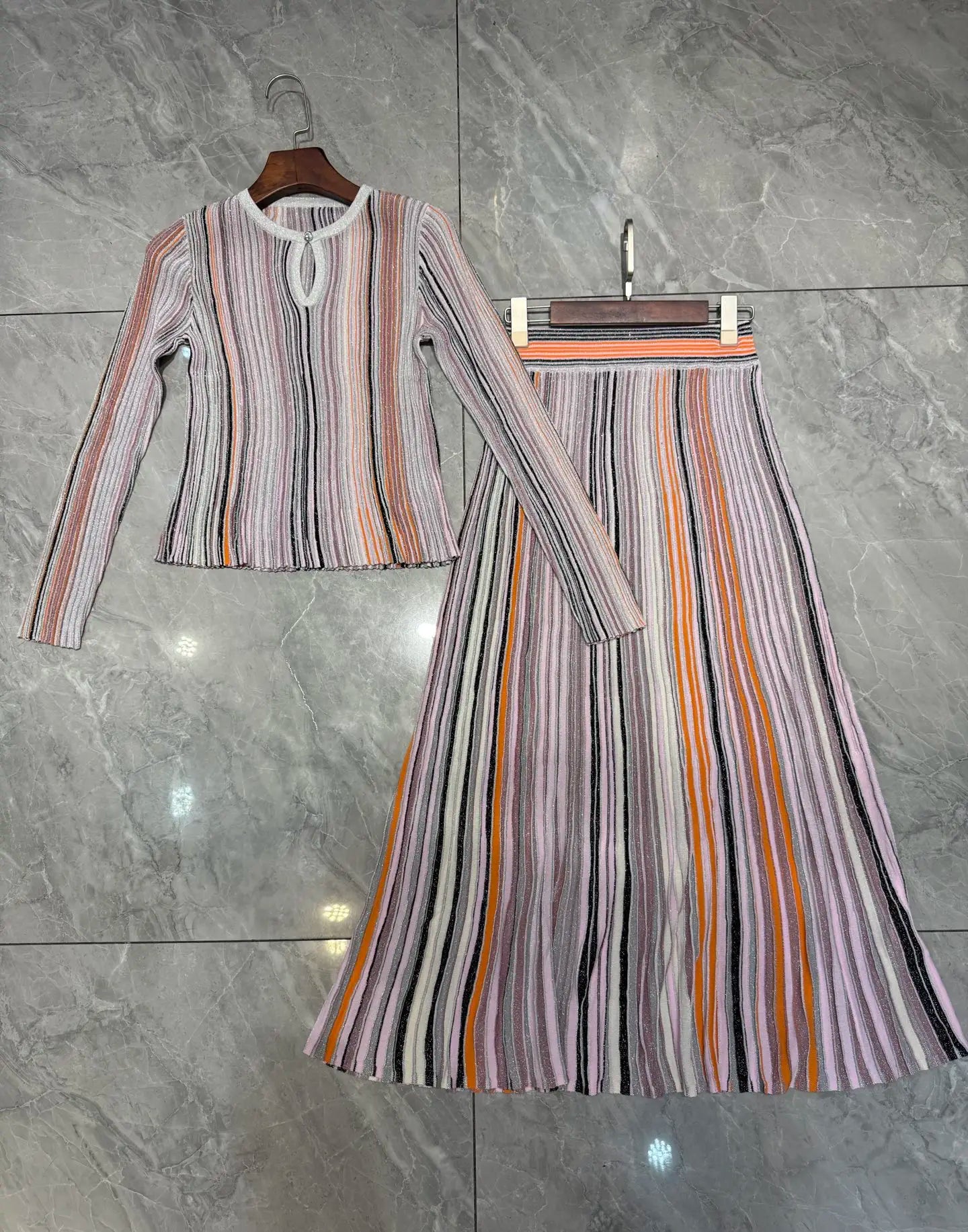 Women Metallic Sequined Striped Long Sleeve Knit Top+ Elastic Waist Long Skirts Sets