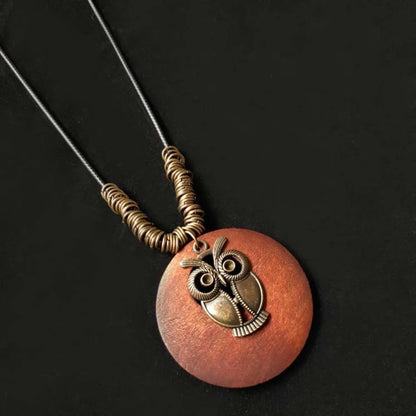 Retro Ethnic Round Wooden Leaf Owl Long Sweater Chain Necklace Women Vintage Clock Pendant Female Jewelry Neck Accessories Gifts
