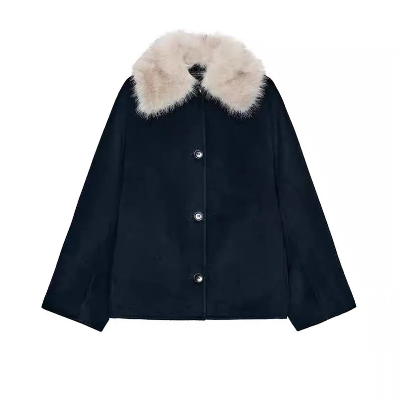 Vintage Women's Cropped Hooded Coats Fur Collar Full Sleeve Single Breasted Pocket Jacket 2025 Autumn Lady Y2K Warm Outwears New