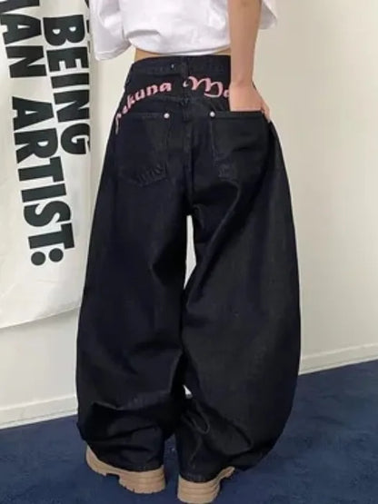 High Waist Straight Leg Bla Denim Jeans Women's Retro American Design kets Loose Fit Long Pants Slimming Effect