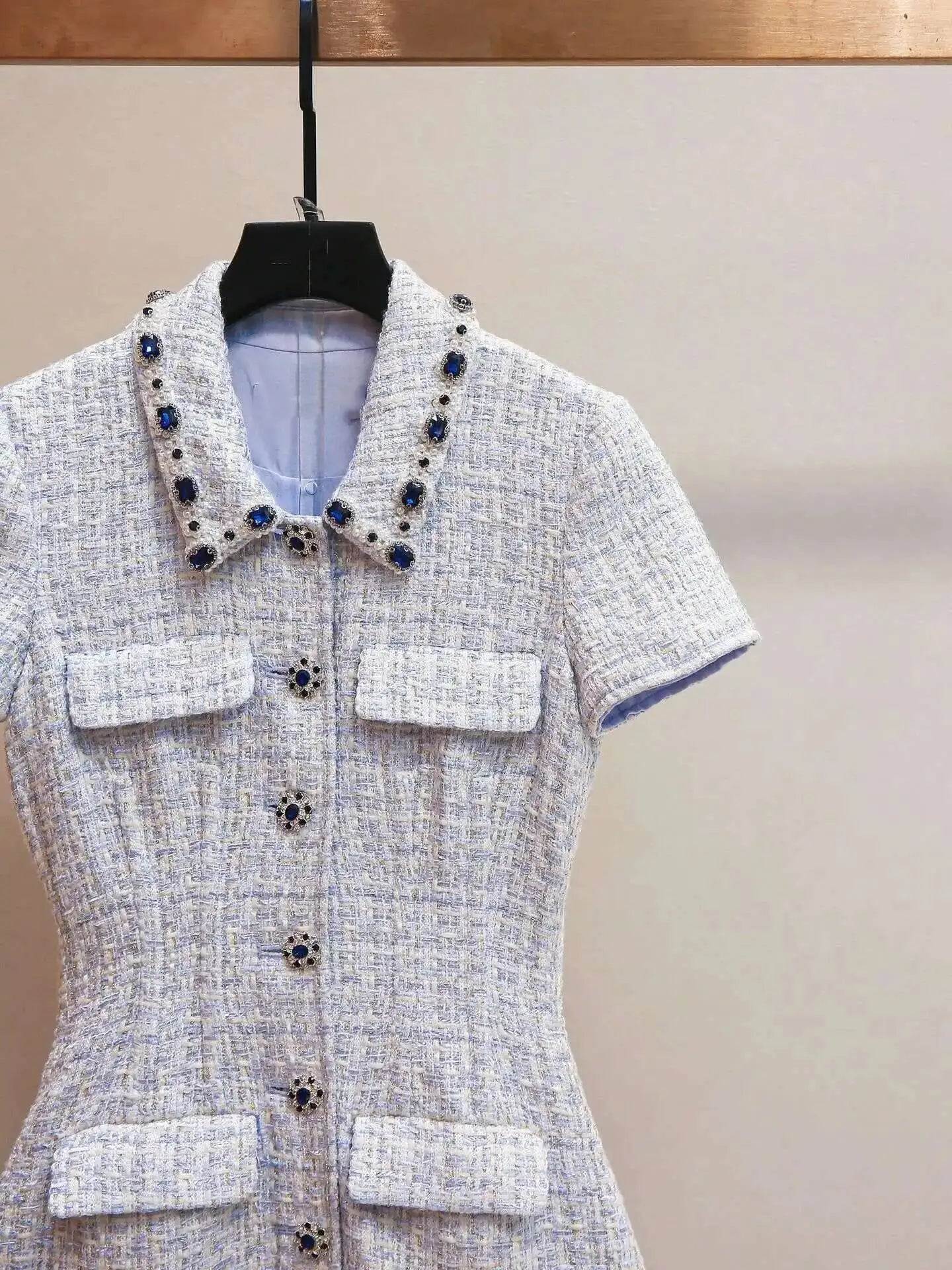 Summer Autumn Crystal Tweed Short Dress Shirt Women Sleeveless Beaded Diamonds Single Breasted Evening Party Dresses Lady