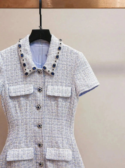 Summer Autumn Crystal Tweed Short Dress Shirt Women Sleeveless Beaded Diamonds Single Breasted Evening Party Dresses Lady