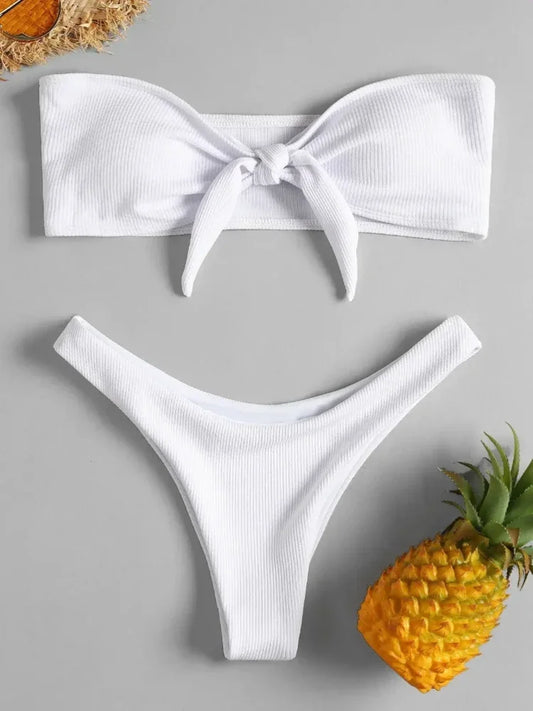 Sexy Women's Ribbed Tube Top Bikini Set White Swimsuit for Women Biquini Traje De Bano Pants Bikini Badeanzug Micro Bikini