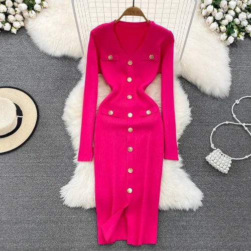 Sexy Split V-neck Long Sleeve Bodycon Dress Chic Elegant Evening Party French Fashion Knit Vestidos Women Autumn Pencil Dress