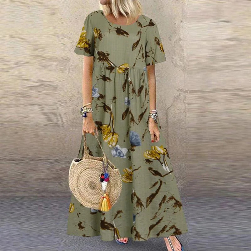 Casual Short Sleeved O-neck Floral Print Dress Summer Countryside Style Loose Long Dresses Plus Size Women's Clothing 9911