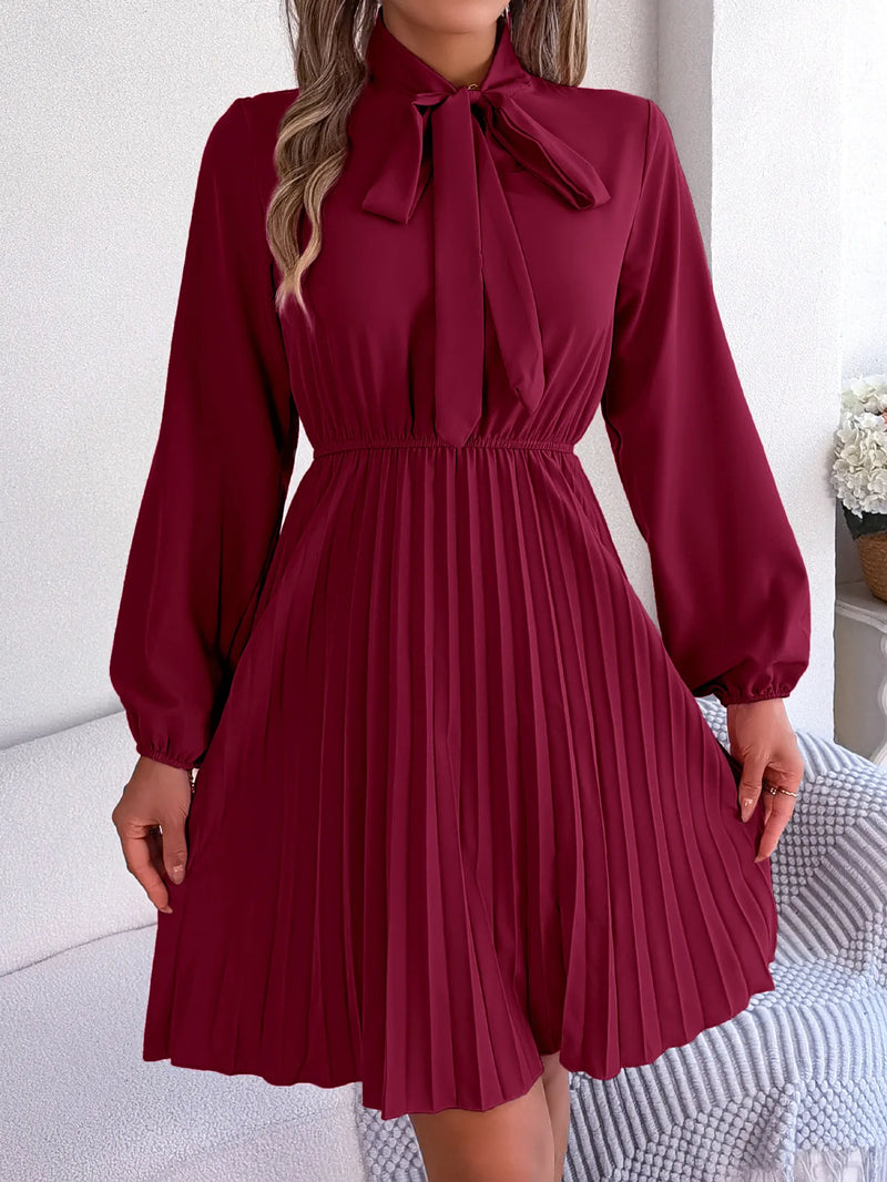 Women Fall Vacation Elegance V Neck Solid Tie Waist Ruffle Hem Pleated Midi Dress Long Sleeve Wedding Dress