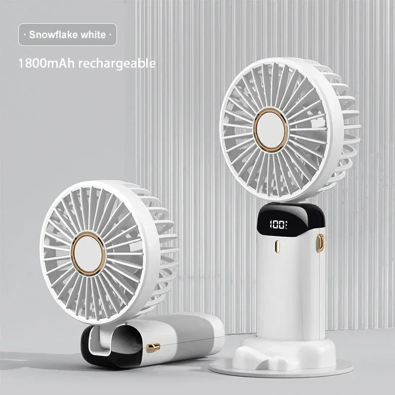 New Portable Handheld Fan with Digital Display, 5-Speed USB Rechargeable Mini Fan, Ultra Quiet Personal Fan with Lanyard & Bas