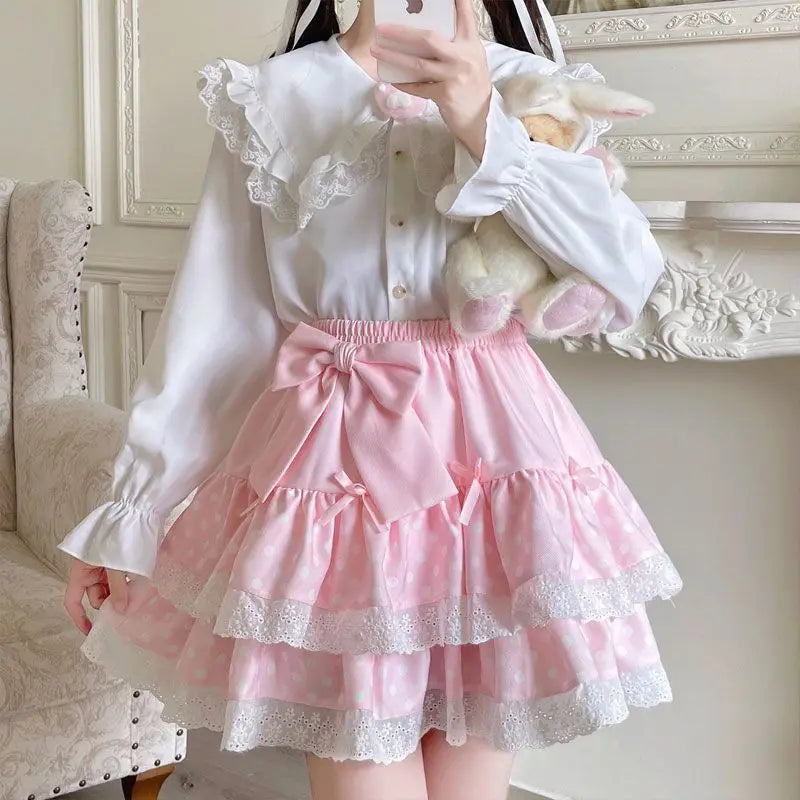 Vintage Harajuku Lolita Style Mini Skirt Women Kawaii Polka Dot Bow Lace Cake Pink Skirt Gothic Cute Sweet Schoolgirl Y2k Skirts
