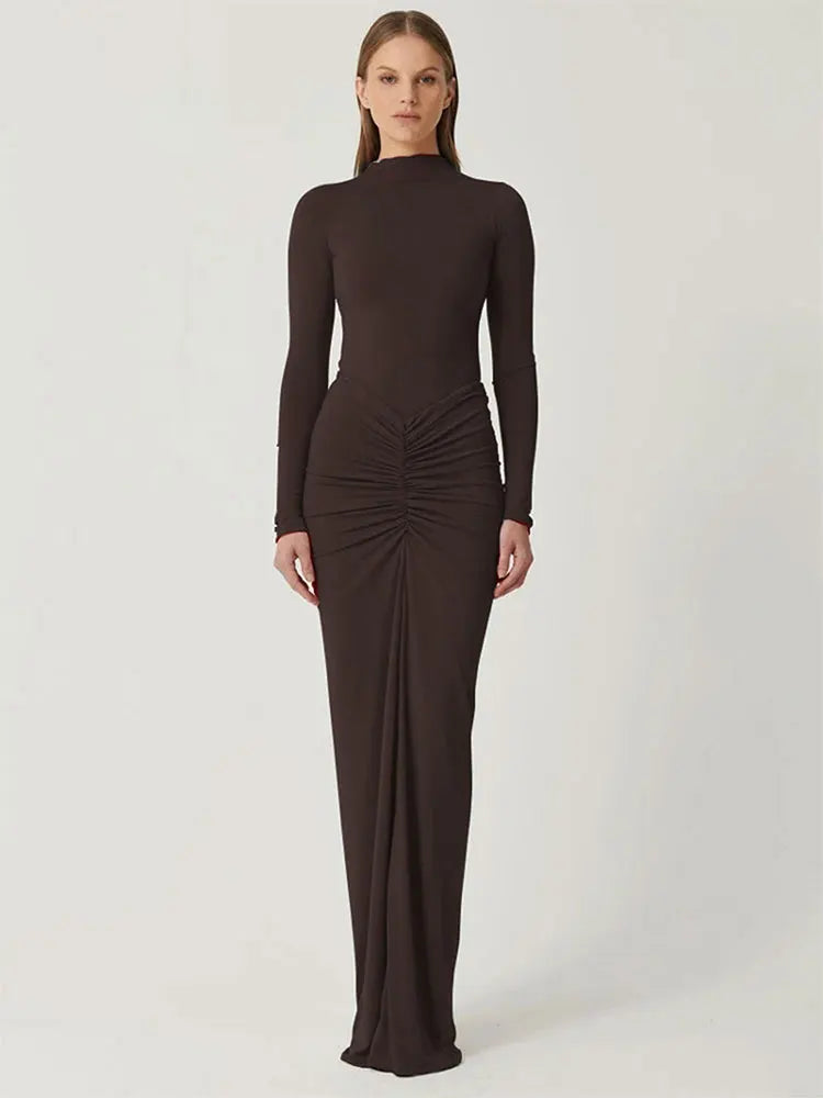 Sexy Red Dresses Women Autumn New Streetwear Fashion Folds O-Neck Long Sleeves Casual Slim Maxi Dress Elegant Lady Knitted Dress