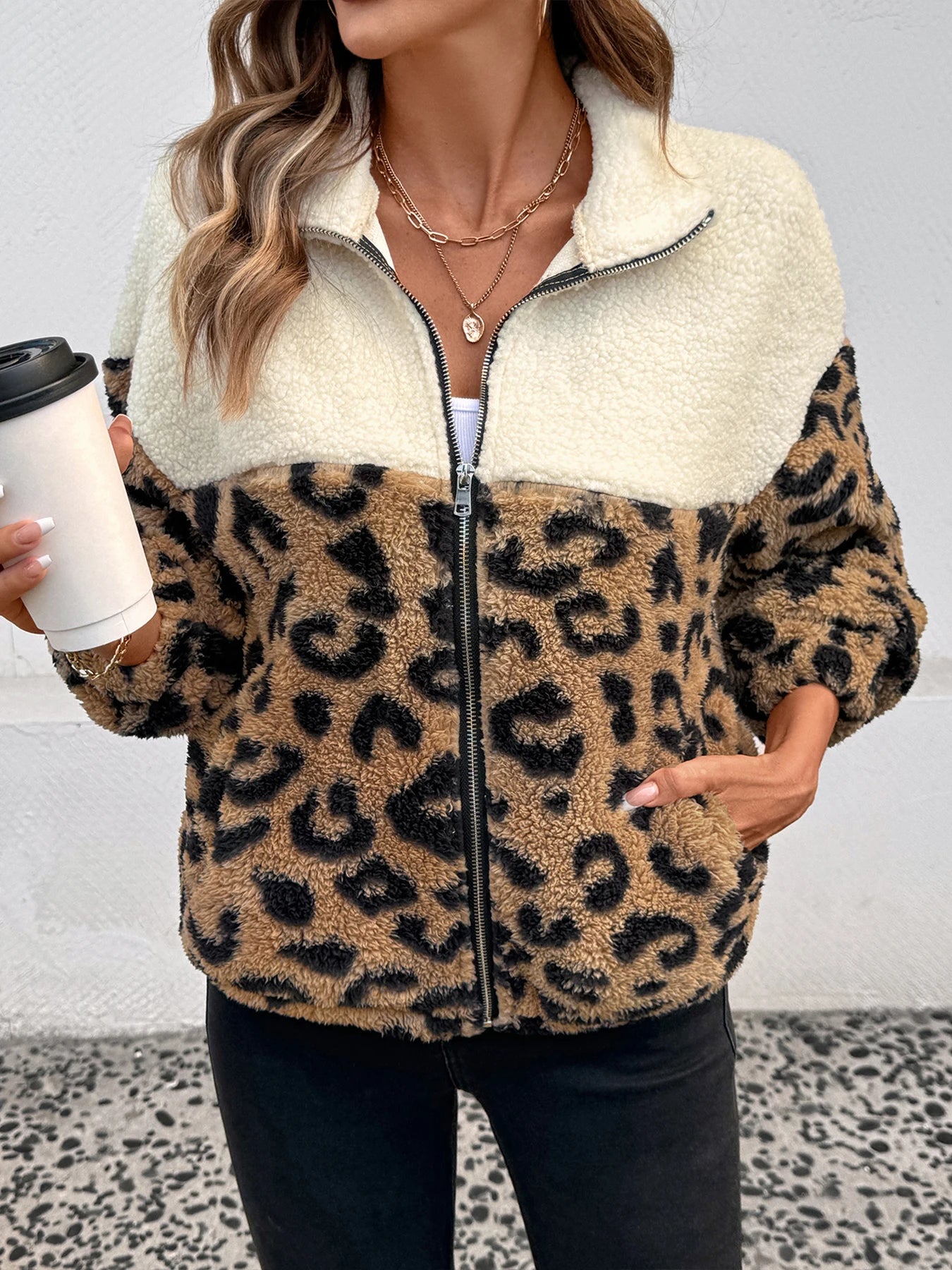 Women's Classic Leopard Print Patchwork Furry Zipper Jacket Trendy Outerwear for Cross-Border Foreign Trade