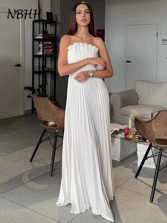 Sexy White Pleated Strapless Dress Women Sleeveless Backless Slim Split Dresses Female 2025 Simmer Lady Party Holiday Robe