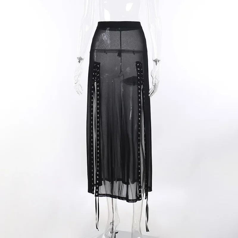 Harajuku Punk Black Hollow Out Skirt Y2K Goth Grunge Patchwork Eyelet Split Long Skirt Summer Sexy Night Club Skirt
