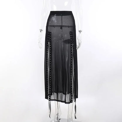 Harajuku Punk Black Hollow Out Skirt Y2K Goth Grunge Patchwork Eyelet Split Long Skirt Summer Sexy Night Club Skirt