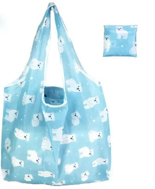 Reusable Shopping Bag Women Cute Fish Cart Flower Print  Nylon Foldable Grocery Bag Creative Eco-Friendly Tote Bag Lightweight