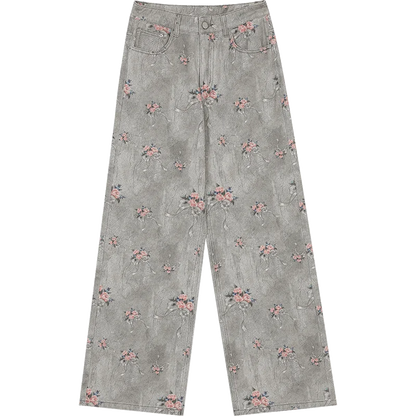 ELFSACK 2025 Spring New Arrivals Retro Flower Printed Wide Leg Cotton Jeans Women Loose Straight Pants