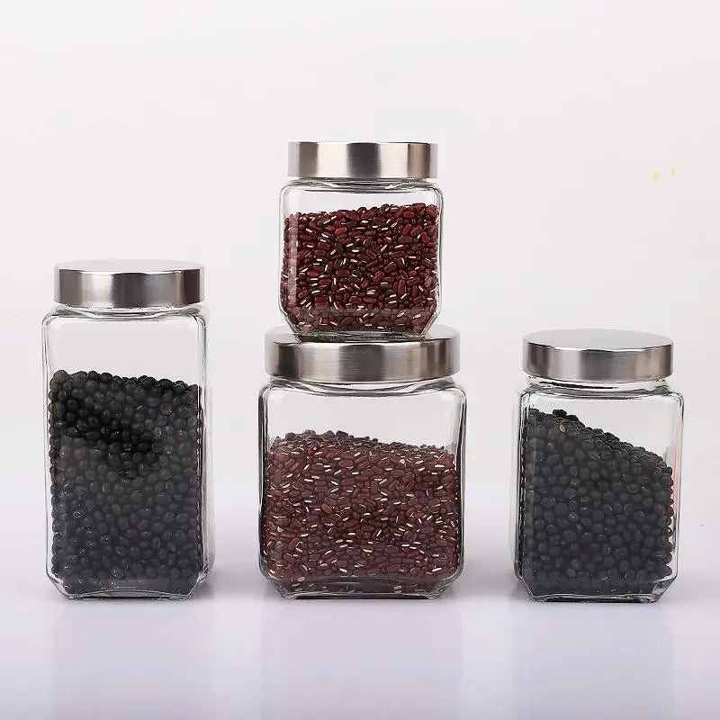 Glass Jar Stainless Steel Lid Storage Essentials Square Airtight Glass Jars For Storing Kitchen Grains