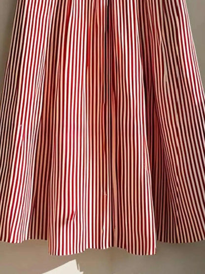 Red Striped Skirt Women Spring Summer High Waist A-Line Skirt Ladies Casual Mid-length Skirt With Belt