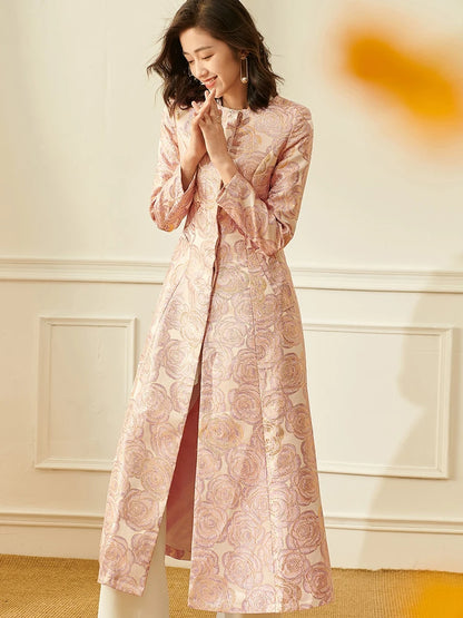 Luxury Women Long Trench Jacquard Coat Button Front Overcoat Fall Winter Floral Elegant Jackets Outerwear Party Outfit Clothes