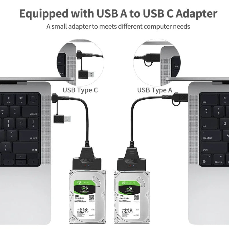 SATA To USB 3.0/Type-C Cable SATA III Hard Drive Adapter Up To 6 Gbps for 2.5 3.5 Inch HDD SSD Hard Drive Disk with 12V/2A Power