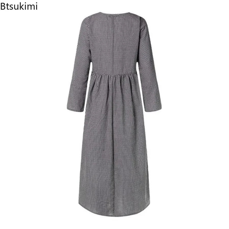 2025 Vintage Plaid Maxi Dress Women's New Cotton Linen Sundress Casual O-neck Long Sleeve Vestidos Females Check Long Skirt Robe
