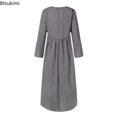 2025 Vintage Plaid Maxi Dress Women's New Cotton Linen Sundress Casual O-neck Long Sleeve Vestidos Females Check Long Skirt Robe
