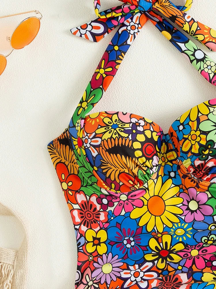 2026 Vintage Tied Halter Floral Print Tankini Set Women Summer Push UP Swimsuit Ladies Beach Backless Swimwear Bathing Suit Swim