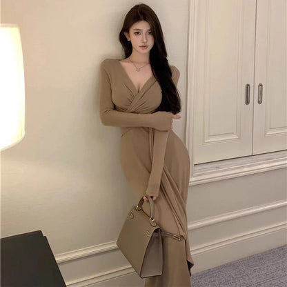 2025 Lady Chic Designer V-neck Dress Spring Women Elegant Lace Up Party Dress Female Irregular Solid Color Slim Fit Thin Dress