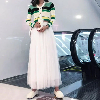 Women Mesh Elastic Tutu Skirt Beach Spring Summer Korean High Waist Fashion Pleated Long Skirt Black White Tulle Skirts LSK010