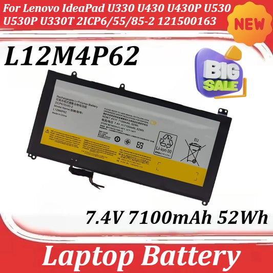 L12M4P62 7.4V 7100mAh 52Wh Laptop Battery For Lenovo IdeaPad U330 U430 U430P U530 U530P U330T 2ICP6/55/85-2 121500163 121500200