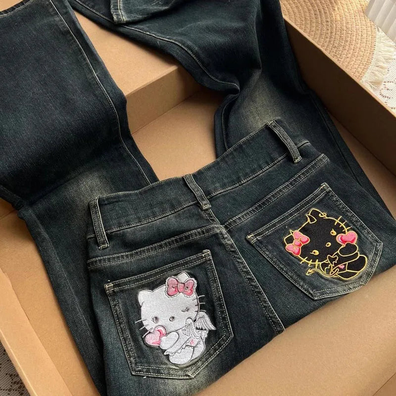 American Hello Kittys Jeans Y2K Women Cartoon Embroidery Denim Pant High Waist Wide Legs Spring Fall Casual Streetwear Trousers