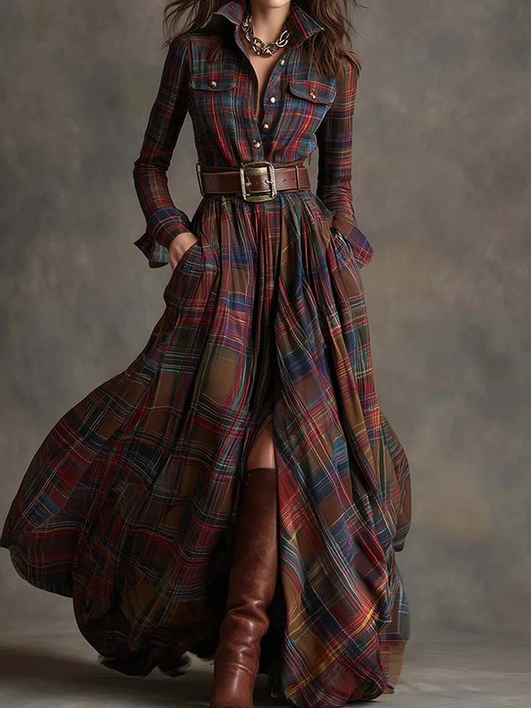 New Women's Lapel Plaid Printing Slim Fit Dress Autumn Long Sleeve Fashion Chic Party Dress with Buttons Elegant Ladies Dresses