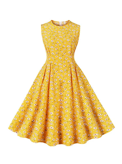 Floral Print Summer Dress Women Elegant Retro Sleeveless Vacation Beach Dress 50S Party Vestidos